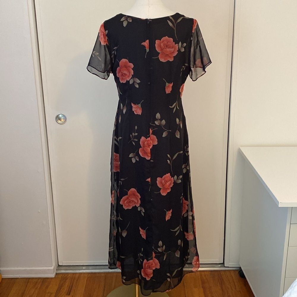 Vintage 90's Kathie Lee Black Rose Print Midi Dress Size 8 - Picture 6 of 12
